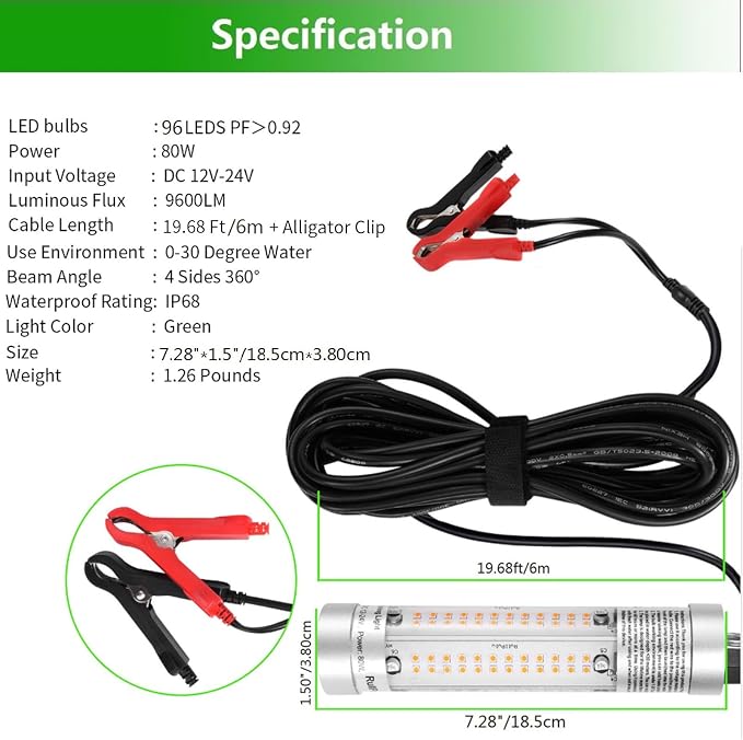 80W 9600lm Underwater Fishing Light, IP68 Waterproof Aluminum Super Bright Night Fish Attracting Submersible LED Lamp Lure Bait Finder for Freshwater Saltwater Sea Kayak Boat Ice Dock (Yellow)