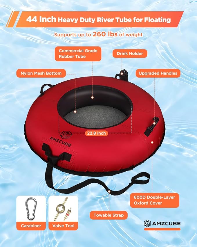 Heavy Duty River Tube for Floating, 44" River Float for Adults with Upgraded Handles and Drink Holder, Abrasion Proof 600D Canvas Cover Outdoor Inflatable Water Tube with Towable Strap