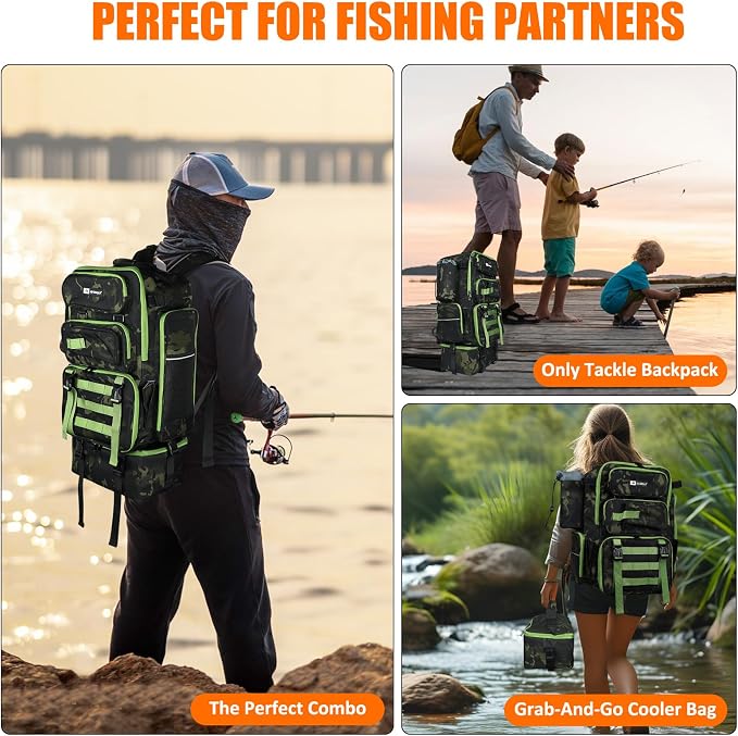 AYAMAYA Fishing Backpack with Cooler, 45L Tackle Backpack with Rod Holders & Insulated Lunch Bag, Large Outdoor Fishing Bag for 4 Tackle Boxes & Gears