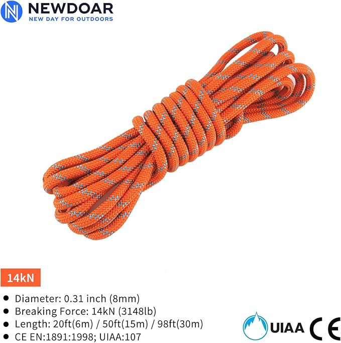 NewDoar 8mm Climbing Accessory Cord High Strength Rope Equipment for Mountain Climb, Fire Rescue Escape, Outdoor Survival, Camping (Polyester 20ft)