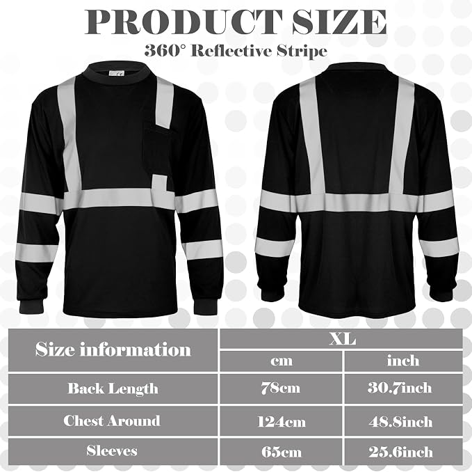 Amylove 4 Pcs Long Sleeve Safety Shirt High Visibility Reflective Construction Work Shirts for Men Women(XL,Black)