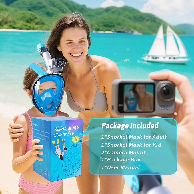 Greatever G2 Adults Kids Full Face Snorkel Mask 2 Pcs,Snorkeling Gear with Latest Dry Top System,Foldable 180 Degree Panoramic View,Safe Breathing,Anti-Leak&Anti-Fog Snorkeling Mask with Camera Mount