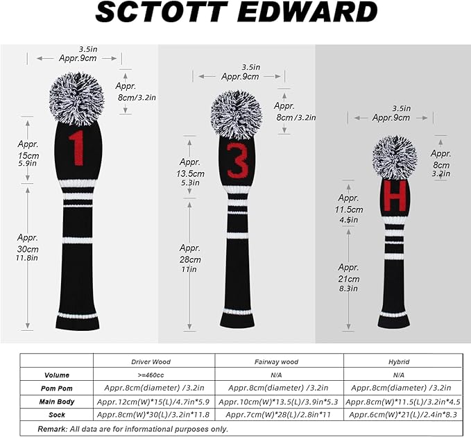Scott Edward Golf Headcover Set of 5 PCS, Driver Wood Cover *1, Fairway Wood Cover *2, Hybrid Cover * 2, with Rotating Number Tags