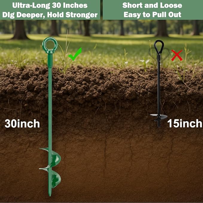 4 Pack 30" Shed Anchor Kit, Triple Helix Ground Earth Anchors with 50 FT 3/16" Galvanized Cable, 4 Turnbuckles & Drill Adapter, Green Auger Anchor for Canopy Gazebo Trampoline Swing Set
