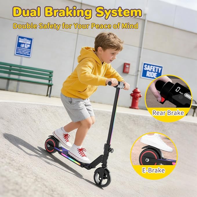 SIMATE Electric Scooter for Kids 6-14, e Kick Scooter with LED Display and Colorful Lights, Adjustable Height and Foldable, Double Brake, Gifts for Kids Girls Boys