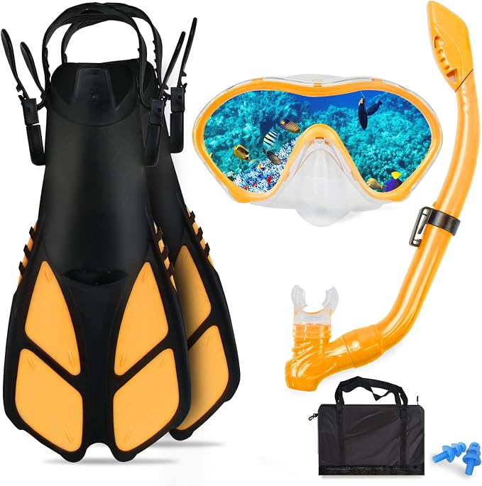 Kids Snorkeling Set - Adjustable Flippers + Panoramic Snorkel Mask + Dry Snorkel Tube + Travel Bags - Suitable for Kids & Juniors, Age 5-14