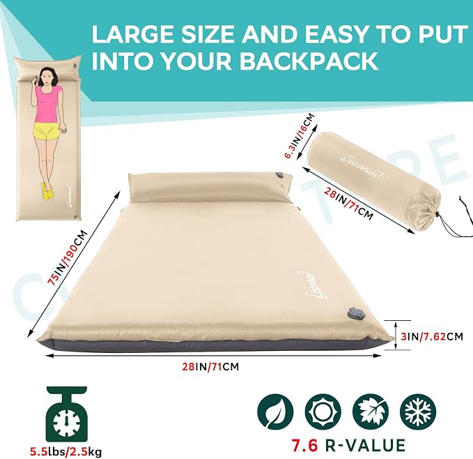 Clostnature Self Inflating Sleeping Pad - 1.5/2/3 inch, Lightweight Inflatable Camping Mattress Pad, Insulated Foam Sleeping Mat for Backpacking, Tent, Hammock