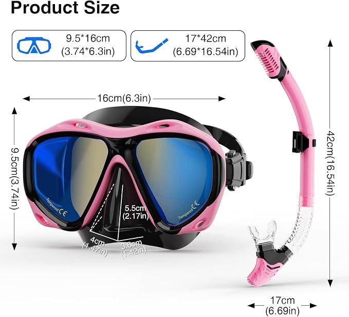 Snorkeling Gear for Adults, Snorkel Mask With Mirrored Tempered Glass Lens 180° Wide View Anti-Fog Scuba Diving Mask, Professional Snorkel Set for Swimming Diving, Gifts for Women Mom Men Dad