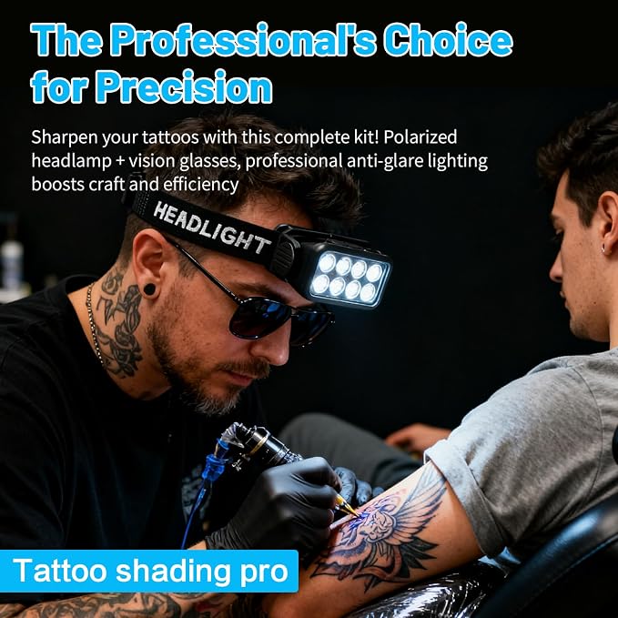 GBK Polarized Tattoo Headlamp with Motion Sensor,Tattoo Vision Glasses, Rechargeable Tattoo Headlight,Tattoo LED Light for Tattoo Artists, Anti Glare Lighting to Enhance Tattoo Detail (2 Headlamps)