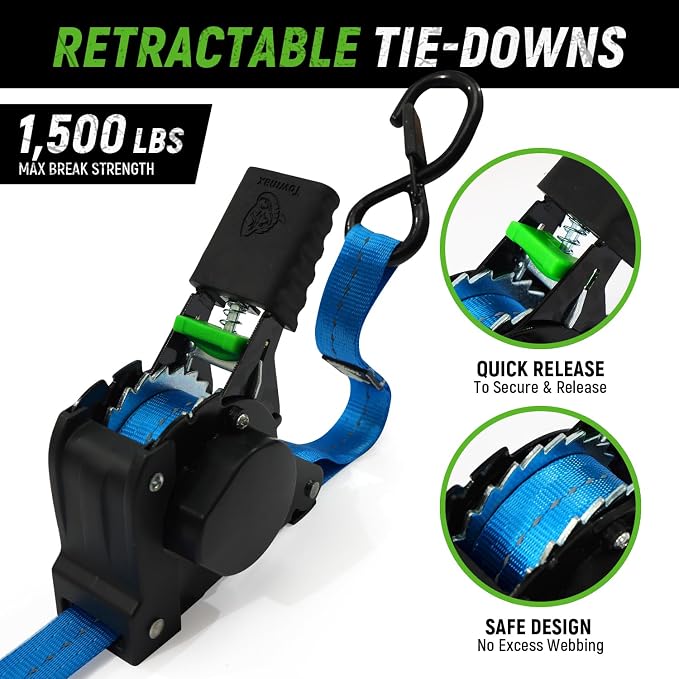Retractable Ratchet Straps(4 Pack) - 1in x 10ft Self Retracting Ratchet Straps with Soft Loops, 1,500 lbs Break Strength Retractable Tie Down Straps, Easy Retract for Motorcyle, Cargo, Truck, Trailer