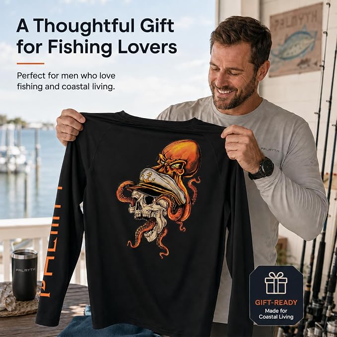 Palmyth Fishing Shirts for Men Long Sleeve UPF 50+ T Shirt Sun Protection | Quick Dry, Sun Protection, Myth-Cool Fabric, Fish Print, Moisture Wicking, Stretchy, Breathable, Fishing,Boating,Outdoor Wear