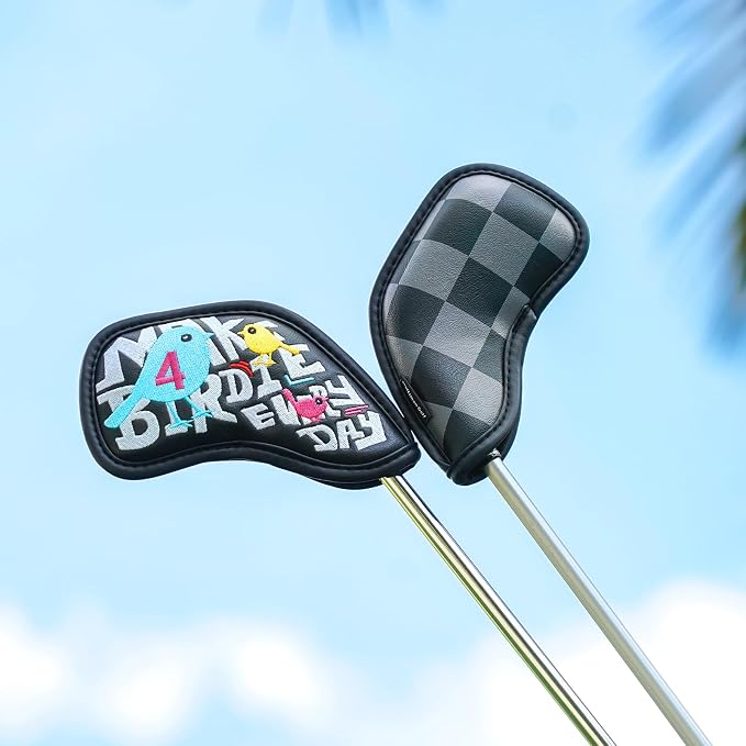Craftsman Golf Make Birdie Everyday Black and Gray Checkers Golf Club Headcover for Woods and Driver Hybrids Irons Protector Putter Covers