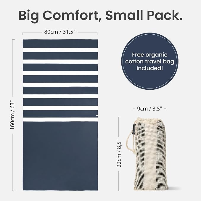 SummerSand Microfiber Beach Towel - Quick Dry, Sand Free - Compact and Lightweight for Travel - Recycled Materials - Travel Bag Included - Large Microfiber Towel (63x31.5in – Deep Blue)