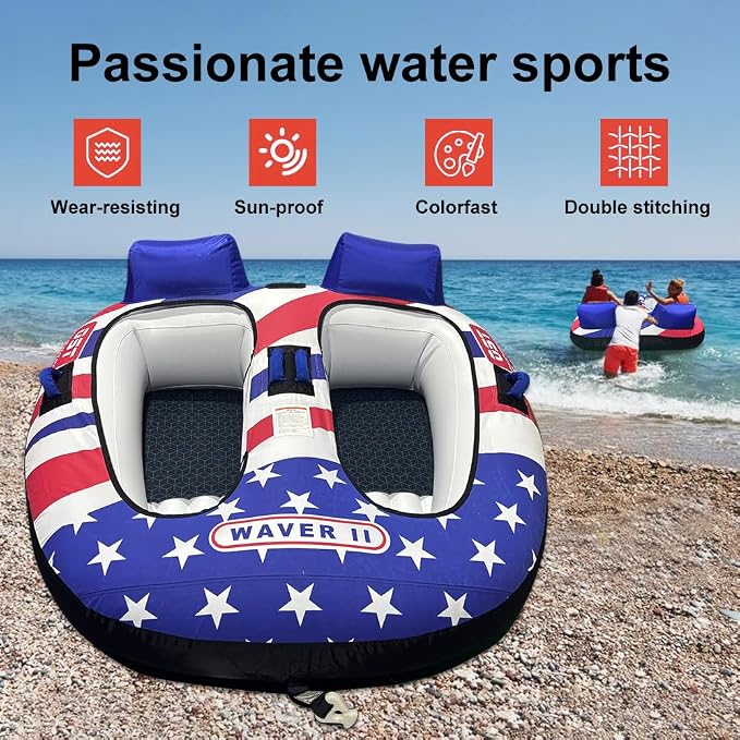 Towable Tubes for Boating 2 Person, Water Tubes for Boats to Pull, Safety Inflatable Boat Tubes and Towables, Boat Tubes for Tubing, Premium Nylon Cover with Drainage System