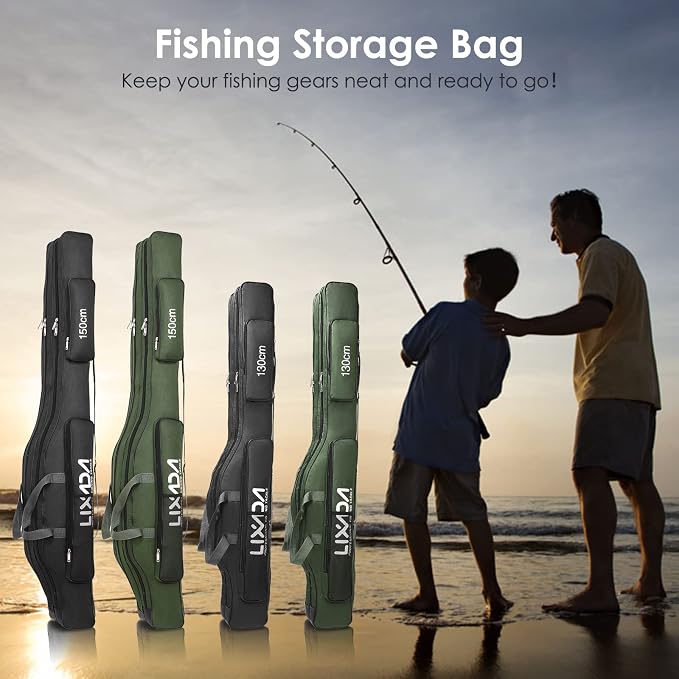 Lixada Fishing Rod Case, 3 Layers Oxford Fishing Rod Bag, Portable Foldable Fishing Pole Bag, Fishing Rod Carrier Fishing Tackle Storage Bag Travel Carry for Fishing Gear & Equipment
