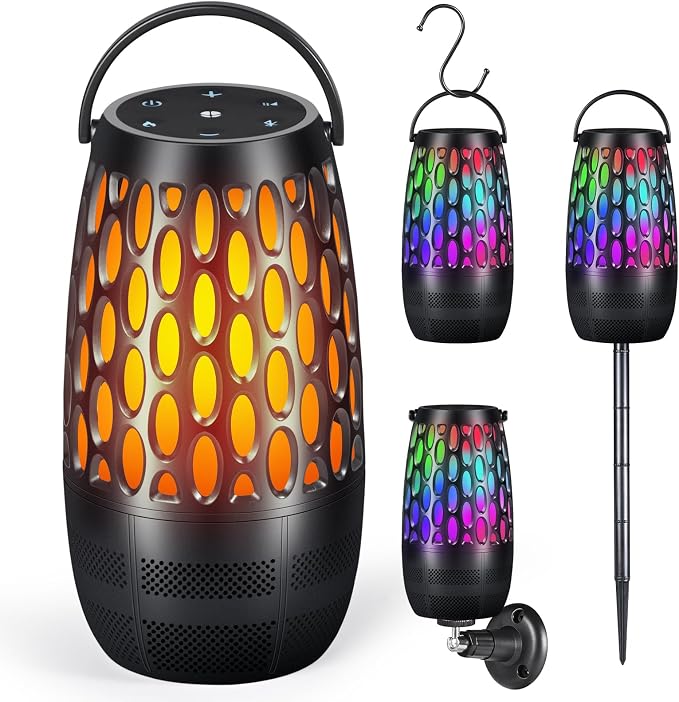 Upgraded Outdoor Speakers with Flame & RGB Lights, 10W HD Stereo, Bluetooth 5.3 Auto-Pairing, Multi-Sync 100+ Speakers, IPX6 Waterproof, Perfect for Patio, Pool, Party | Gifts for Men & Women(1Pack)