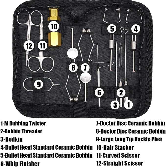 XFISHMAN Fly Tying Tool Kit 12 in 1 with Bobbin Finisher Scissors Hackle Hair Stacker Fly Fishing Tying Tools Set