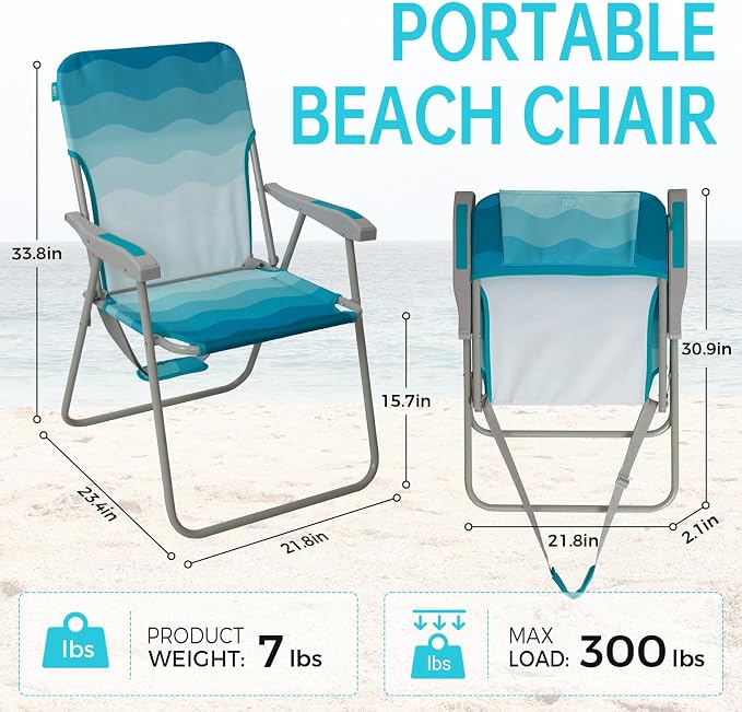 #WEJOY Folding Beach Chair for Adults, Lightweight Beach Chair with Shoulder Straps, High Back Camping Chairs with Hard Armrest, Supports 300lbs for Outdoor Lawn Concert