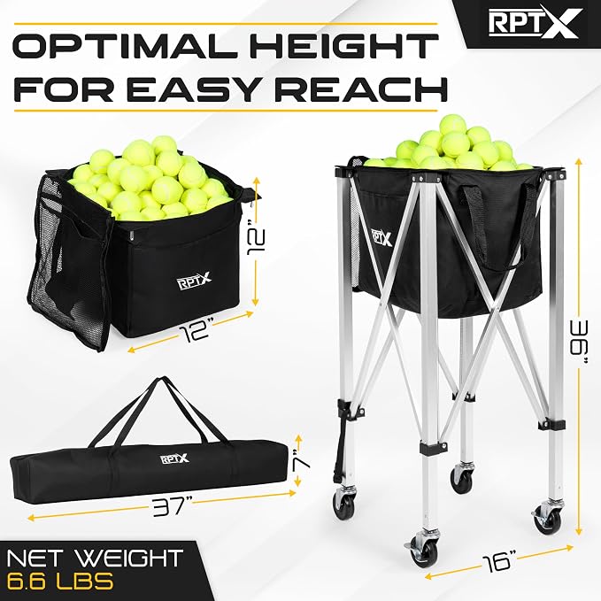 Pickleball Cart | Tennis Ball Hopper | 150 Ball Capacity | Multiple Storage Pockets | Carrying Bag | Lightweight & Portable | Coaching Cart for Practice & Training