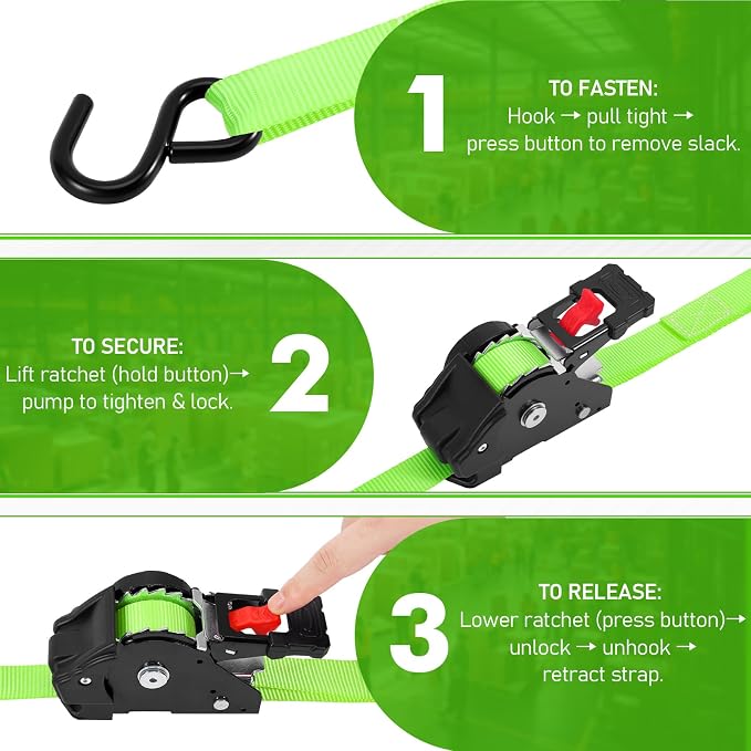 LEVELEVE Retractable Ratchet Tie Down Straps (1" x 10FT, 2-Pack, Green) - Heavy Duty 1760LBS Break Strength Quick-Lock, Weather Resistant for Moving, Cargo, Trucks & Boats