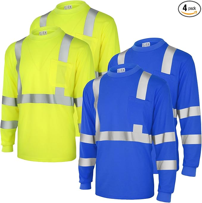 Amylove 4 Pcs Long Sleeve Safety Shirt High Visibility Reflective Construction Work Shirts for Men Women(XL,Yellow, Blue)