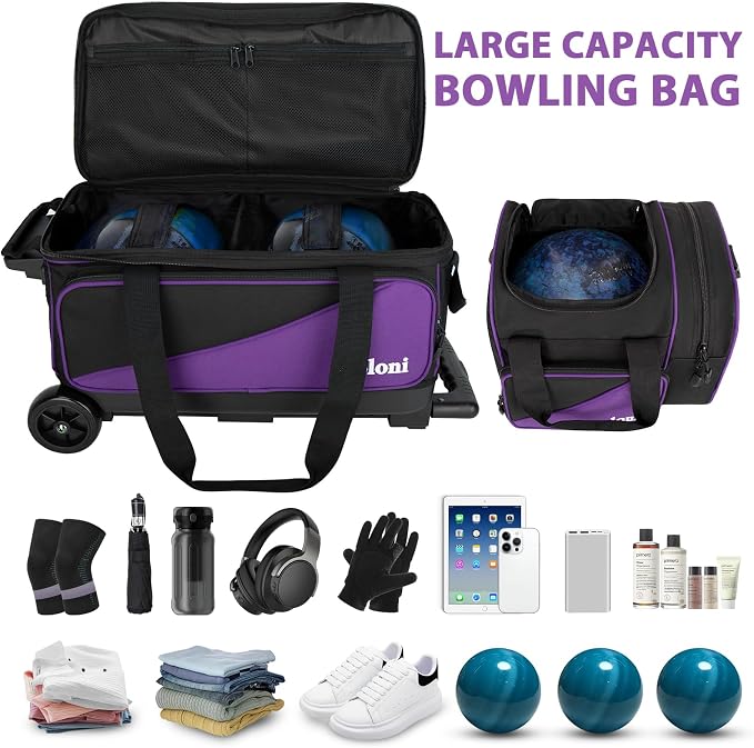 Goloni 3 Ball Bowling Bag with Wheels, 2+1 Double Roller Bowling Bag with Shoe Compartment,Tote Bag for Bowling Accessories