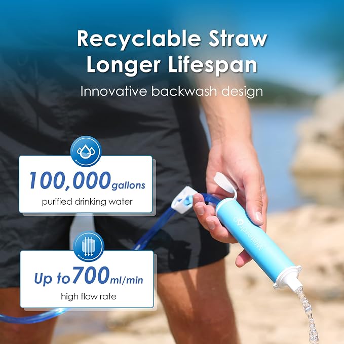 Waterdrop Water Filter Straw 4 Pack with Gravity Water Bag, Gravity Water Filtration System, Water Purifier Survival for Travel, Backpacking, 1.5 gal Bag, 0.1 Micron, 5 Stage Filtration
