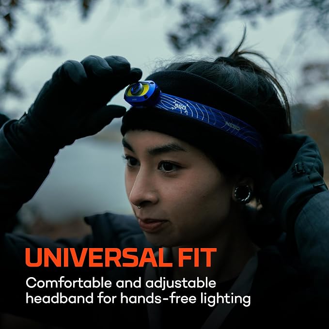 NEBO MYCRO 550+ Headlamp | 550 Lumens, 7 Light Modes, White & Red Light with Spot & Flood, USB-C Rechargeable, Water Resistant, Cap Light Convertible, Bright Light for Camping & Hiking – Blue