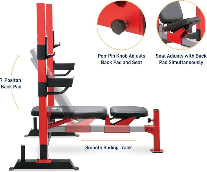 Marcy Deluxe Olympic Weight Bench with Adjustable Back & Bar Catch & Optional Arm Curl, Leg Developer, Lat Tower Attachments (Sold Separately), Personal Home Gym for Strength Training, Weightlifting