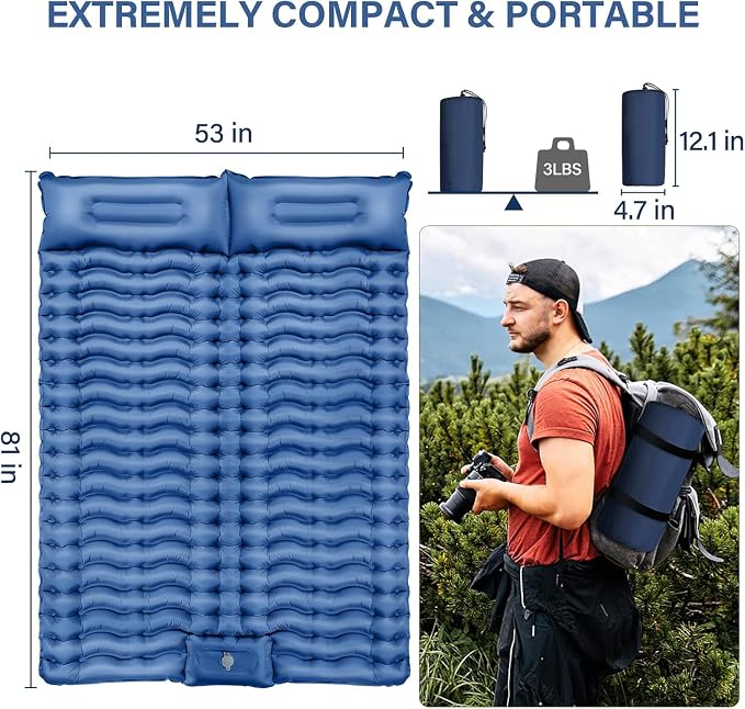 FUN PAC Camping Sleeping Pad, Ultralight Camping Mat with Pillow, Built-in Foot Pump Inflatable Sleeping Pads Compact for Camping Backpacking Hiking Traveling Tent,Double, Blue.
