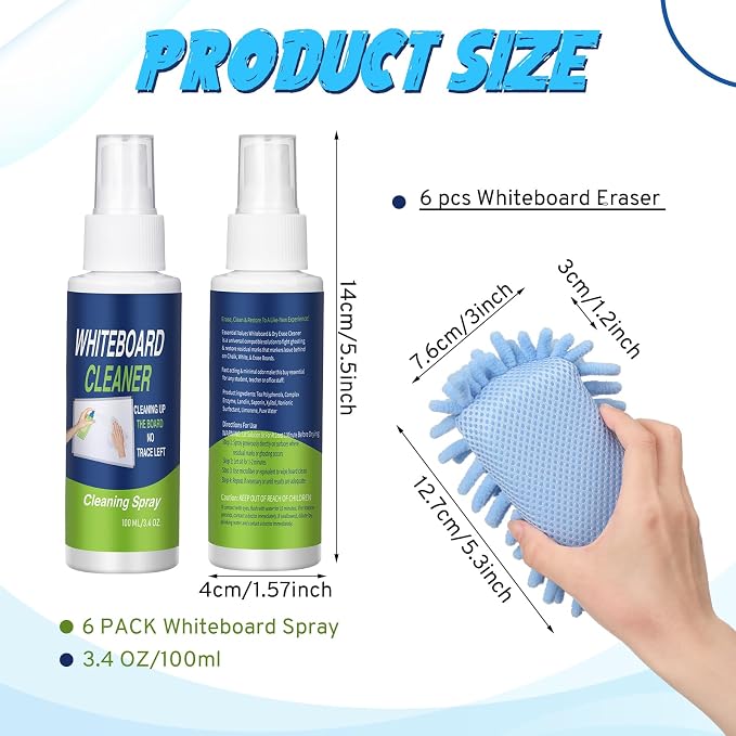Fuyoooo 6 Pack Whiteboard Cleaner 3.4 Fl oz White Board Cleaning Spray Dry Erase Board Cleaner with Microfiber Shag Whiteboard Eraser Removes Stubborn Marks from Chalkboard (Pastel)