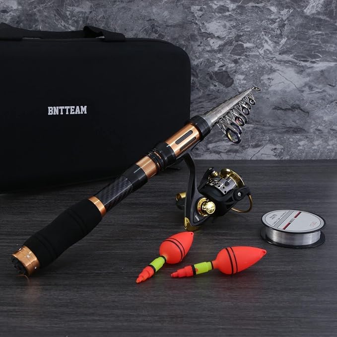 Portable Fishing Spinning Rod and Reel Combo Set Carbon Fiber Fluorescent Rod Tip, with Fishing Lures Line Carrier Bag Kits for Travel Surf Saltwater Freshwater