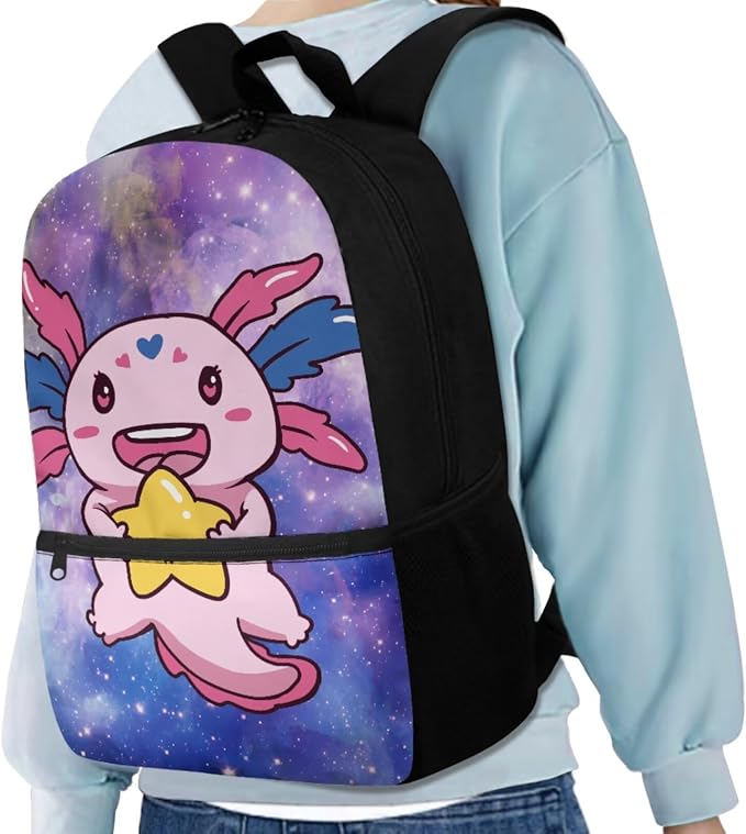 Axolotl Backpack for Kids School Bag with Lunch Bag Boys Girls Bookbag with Lunch Box Pencil Case Water Bottle Holder 4 PCS Back to School Supplies, Cute Axolotl with Stars Print