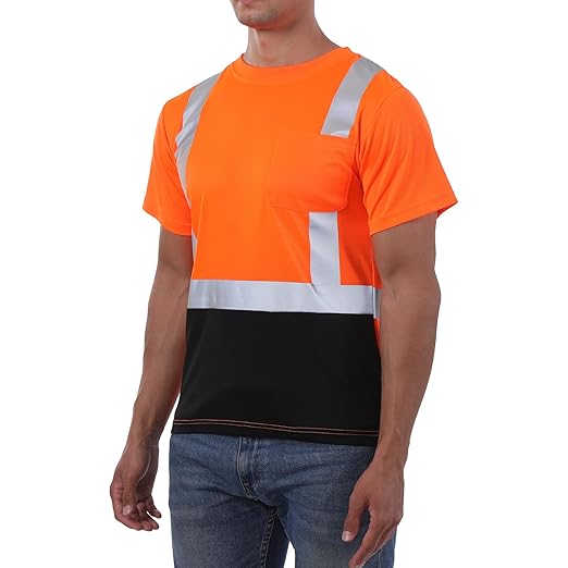 sesafety Hi Visibility Shirts for Men, Safety Shirts with Reflective Strips Class 2, Hi Vis Construction Work Shirt with Pocket Orange M