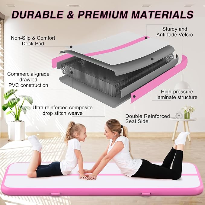 Air Gymnastics Tumbling Mat, 6.6ft/10ft/13ft/16ft/20ft Inflatable Track Mat for Home/Outdoor Training, 4/8 inch Thick Gym Mat with Electric Pump for Kids & Adults