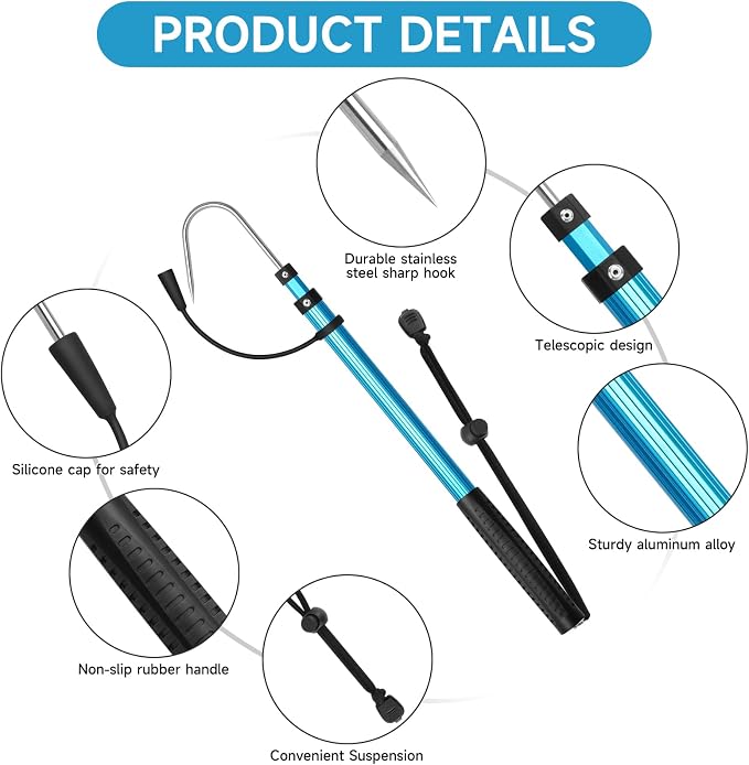 SANLIKE Telescopic Fishing Gaff Aluminum Pole with Nonslip Rubber Handle Stainless Steel M8 Screw Hook