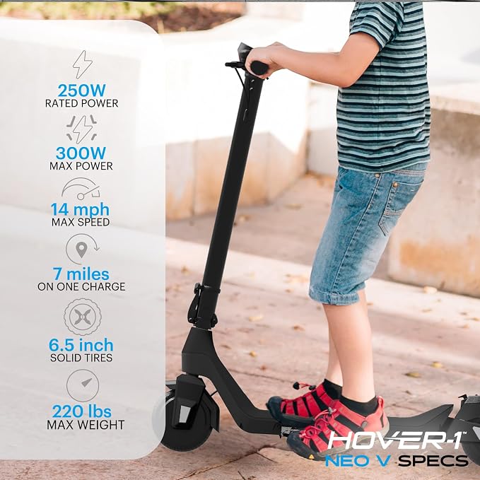 Hover-1 Neo Family Foldable Electric Scooter with 300W/250W/200W Rated Brushless Motor, 16/14/12 mph Max Speed, 8.5"/6.5” Wheels, 10/7 Mile Range Commuting Scooter for Kids & Teens Aged 4 to 16