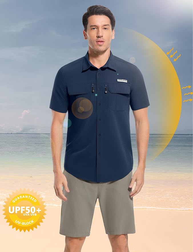 Men's Outdoor Sun Protection Shirts Short Sleeve Quick Dry Lightweight Breathable UPF50 Hiking Fishing Travel Camping