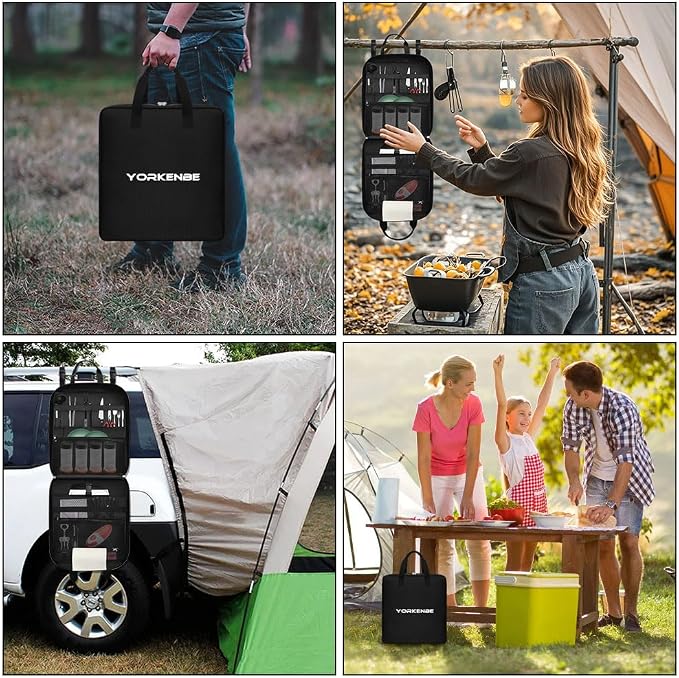 Camp Kitchen Organizer, High Capacity Camping Cooking Utensils Bag, with Paper Towel Holder, Multi-pocket Waterproof Camping Utensils Holder for BBQ Outdoor Cooking Essentials