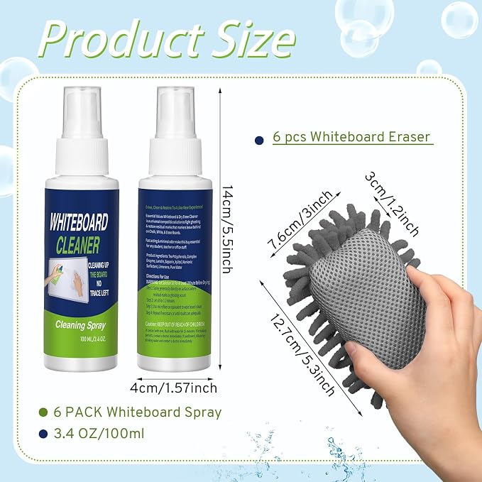Fuyoooo 6 Pack Whiteboard Cleaner 3.4 Fl oz White Board Cleaning Spray Dry Erase Board Cleaner with Microfiber Shag Whiteboard Eraser Removes Stubborn Marks from Chalkboard(Grey)