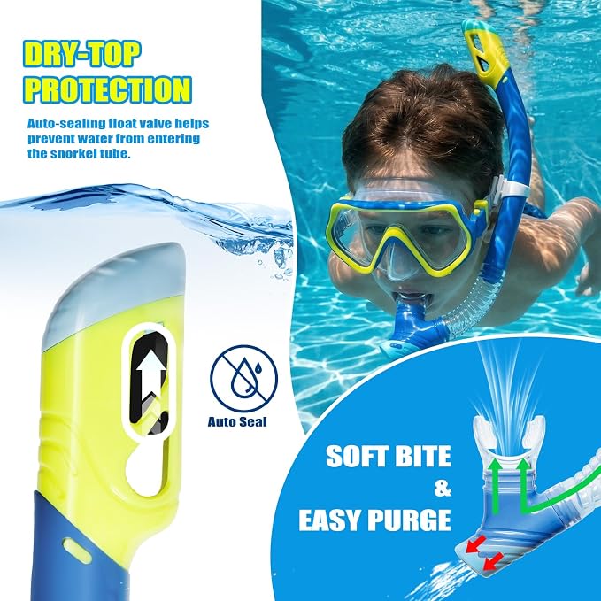 DRMAWIN Snorkeling Gear for Adults & Kids, Dry-Top Snorkel Set with 180° Tempered Glass Mask, Anti-Fog Anti-Leak, Travel Mesh Gear Bag