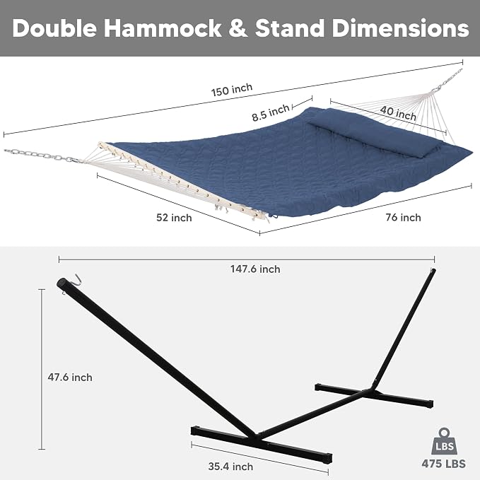 SUNCREAT Two Person Hammock with Stand, Carrying Bag, Heavy Duty Backyard Hammock and Stand, Navy Drops