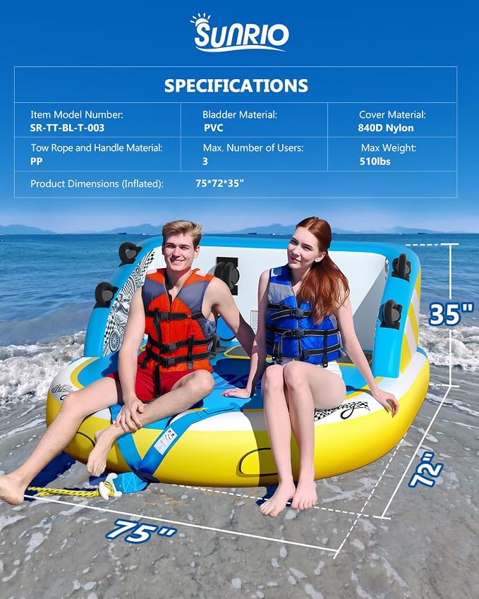 2025 Upgrade Towable Tubes for Boating 1-3 Riders Inflatable Water Sport Towable Tube for Boat Heavy Duty Nylon Cover with Zipper Bolster Fins Safety Air Valve Padded Handle