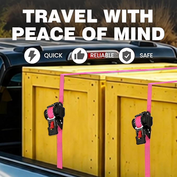 Retractable Ratchet Straps1In x 13Ft - Heavy Duty Auto Slow Retraction Tie Down Straps - 1,800lb Break Strength Self Retracting for Truck, Cargo Trailer, Motorcycle, ATV, UTV - Pink, 4Pack