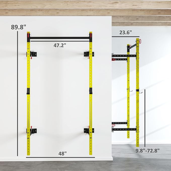 Soozier Folding Squat Rack with Adjustable Pull-Up Bar, 1000 Pounds Capacity Wall Mounted Power Rack, Adjustable Steel Barbell Rack with J Hooks for Home Gym Full Body Workout