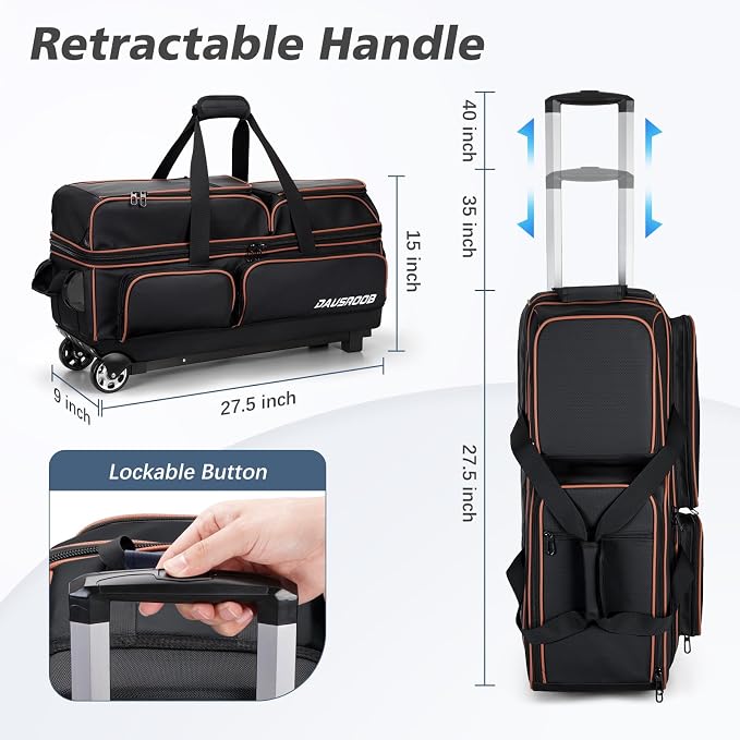 3 Ball Bowling Bags with Wheels, Bowling Bags 3 Ball Roller - 900D Oxford Waterproof PU, Bowling Bag with Multi-Separate Storage Pockets & Retractable Handle Extends to 40''