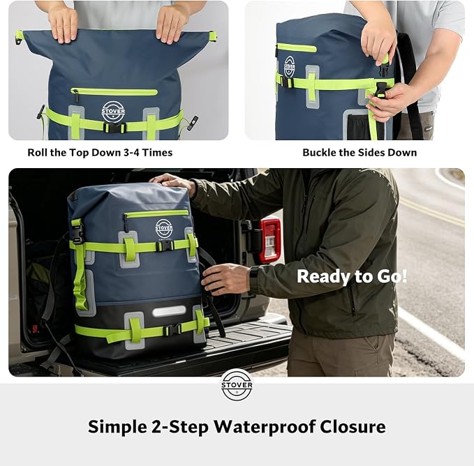 STOVER 55L Waterproof Dry Backpack & Phone Case - 2XL Floating Dry Bag for Kayaking, Travel, Hiking, Fishing, Camping, Motorcycles & Beach, Heavy-Duty Roll Top Men/Women (Navy Blue/Black/Green)
