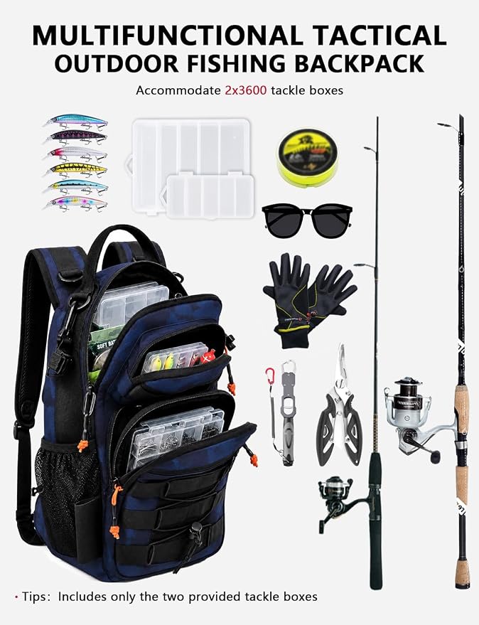 2 in 1 Compact Tactical Fishing Backpack with Tackle Boxes, Lightweight Waterproof Tackle Bag Fit 2 * 3600 Tackle Boxes, 2 Rod Holders Storage, Fishing Accessories Gift for Men Blue