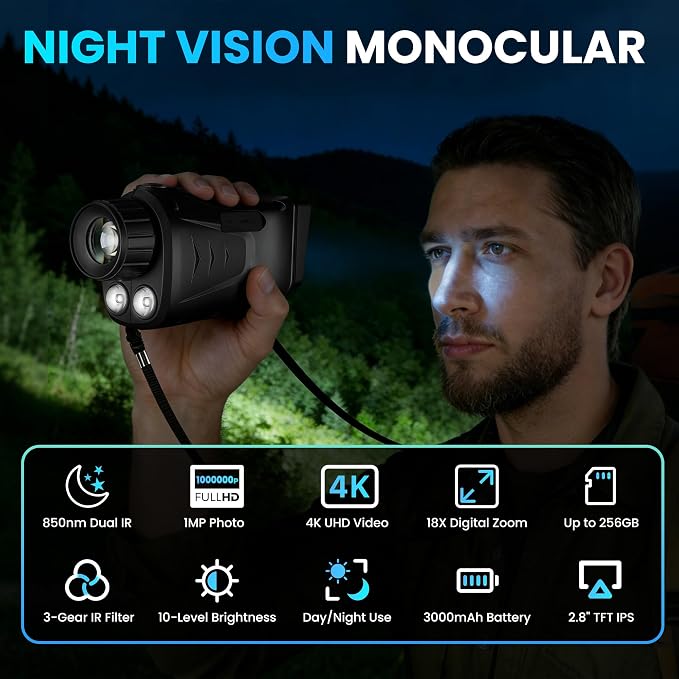 VXF Night Vision Monocular, 4K Night Vision Scope for 100% Darkness with 3000mAh Rechargeable Battery, 3+32GB SD Card & Card Reader, Dual Infrared Monocular Telescope for Camping, Wildlife Observation