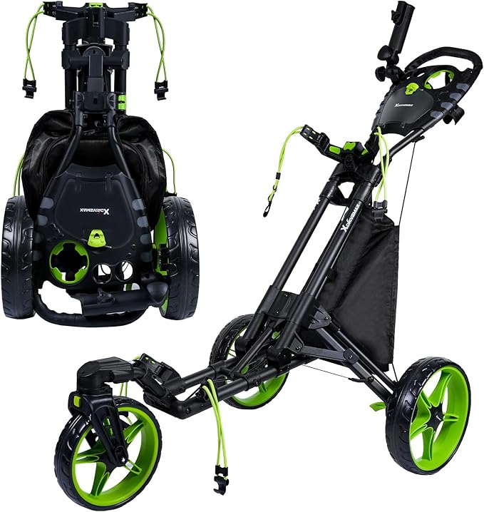 XDriveMax GC03 360 Rotating 3 Wheel Foldable Golf Pull Cart for Golf Clubs,Carries Umbrella Stand and Premium Storage - Green Pack
